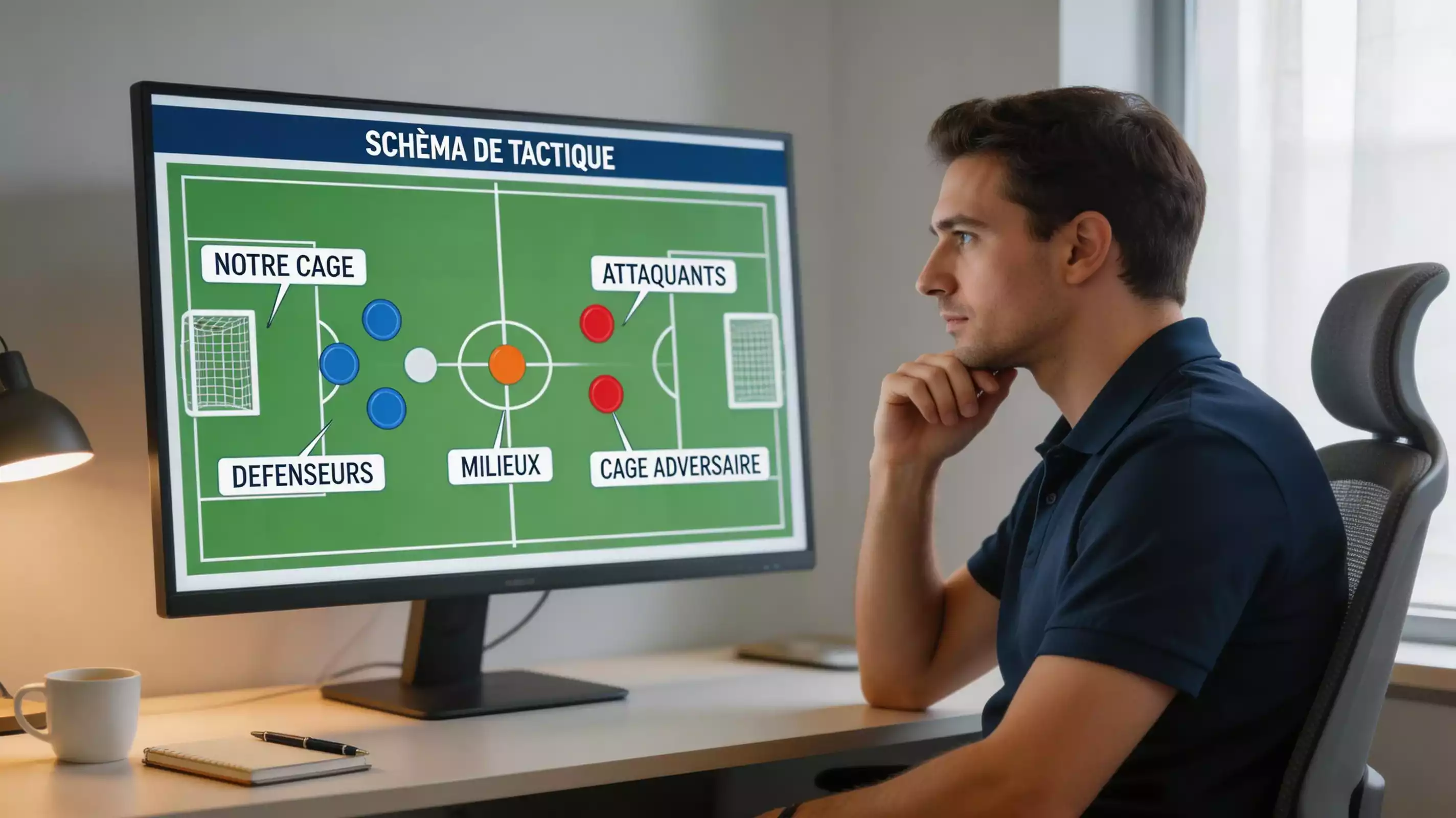 Analyste étudiant les tactiques de l'équipe adverse sur un écran avec schémas de jeu