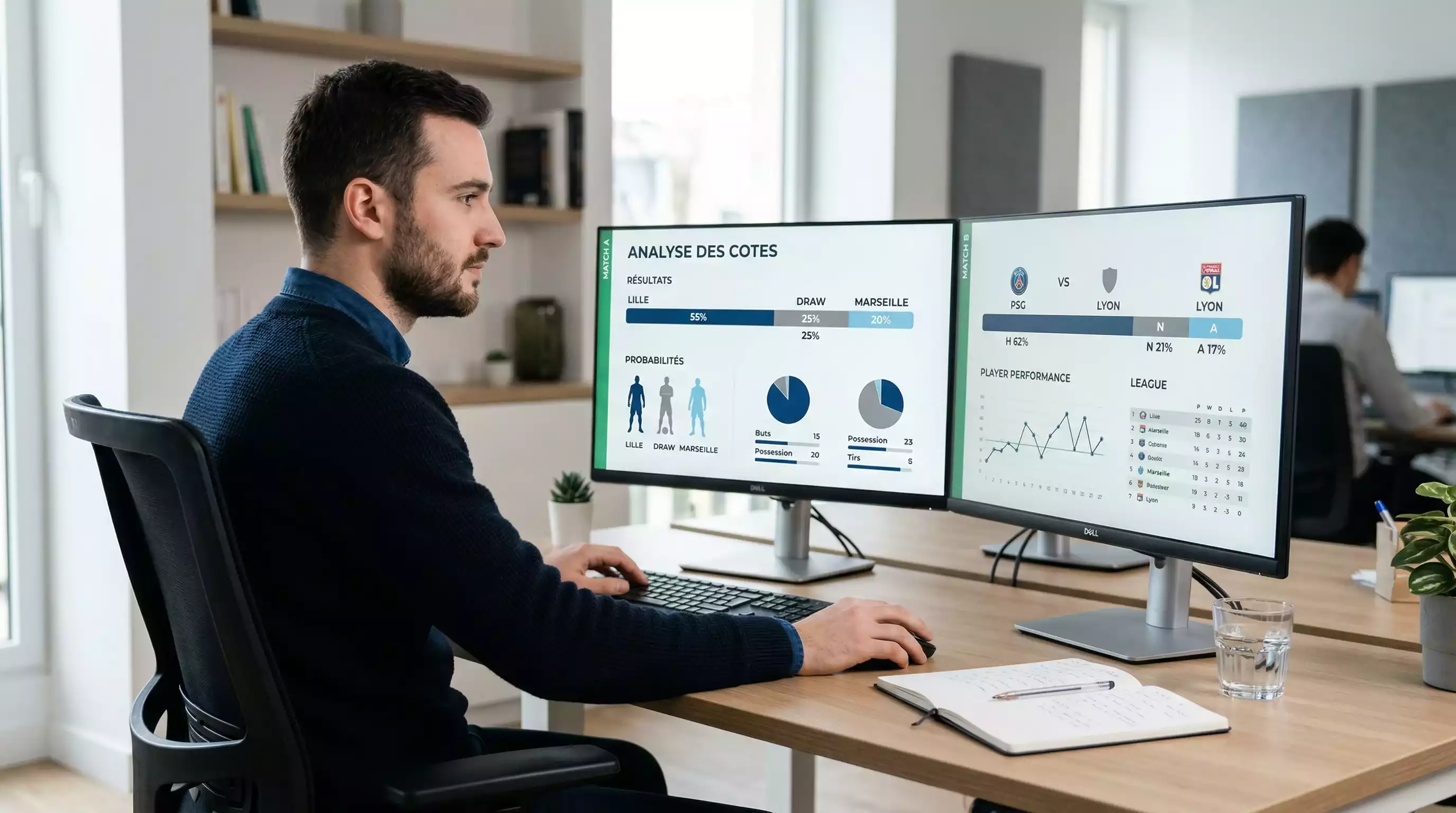 Analyste de bookmaker travaillant devant plusieurs écrans affichant des statistiques de football