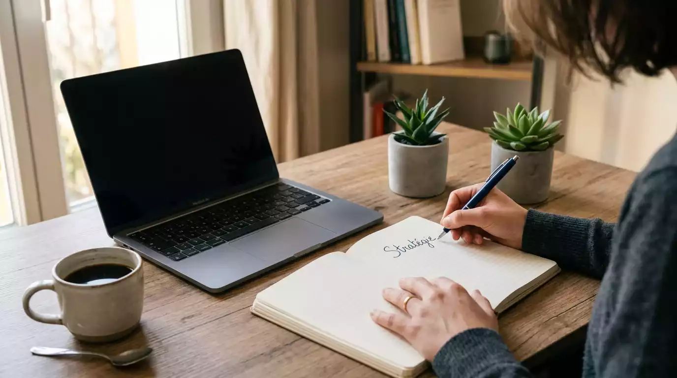 Bureau organisé avec carnet de notes et ordinateur portable montrant un tableur de suivi, symbolisant la discipline dans les paris sportifs