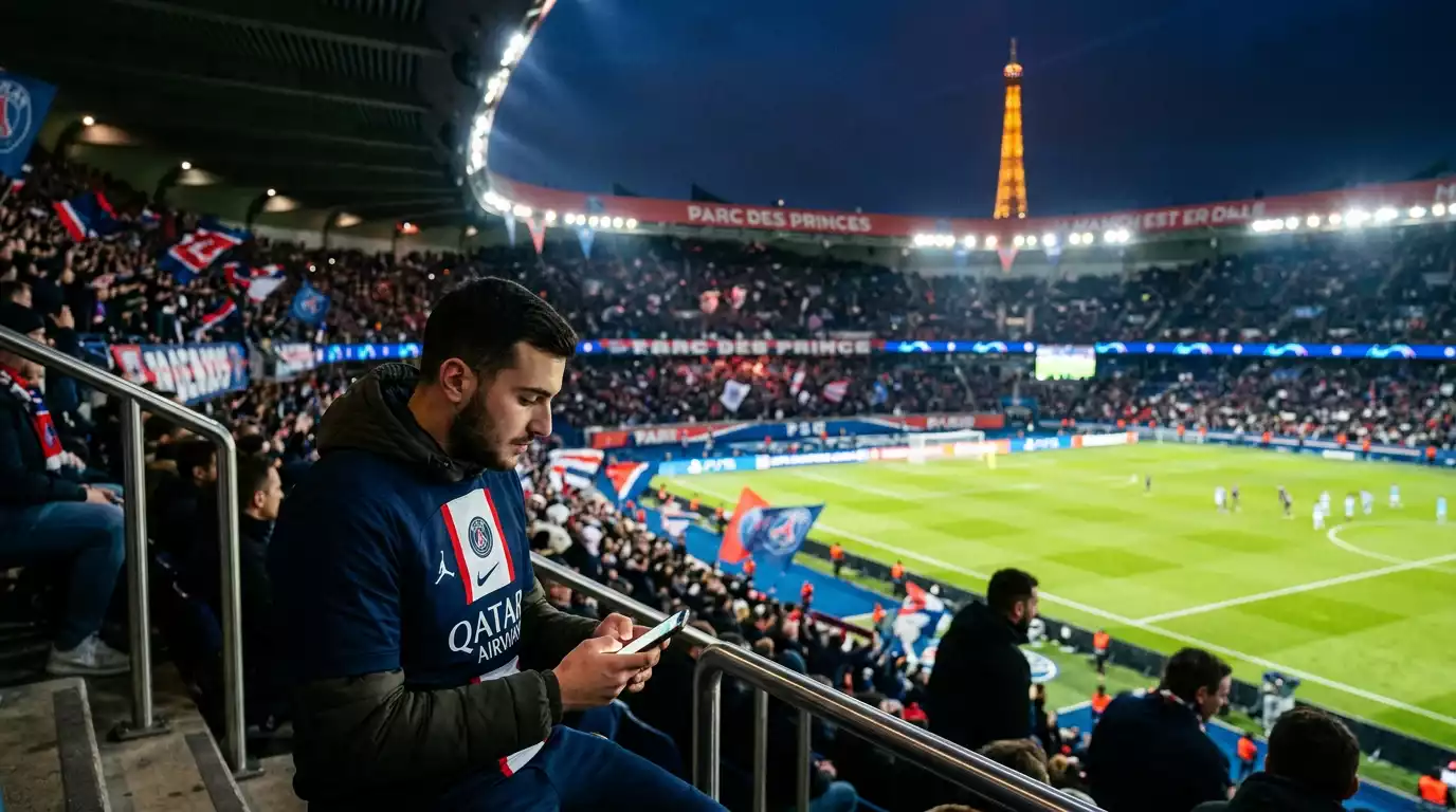 Supporter du PSG au Parc des Princes consultant son smartphone pour les paris sportifs avec la Tour Eiffel en arrière-plan