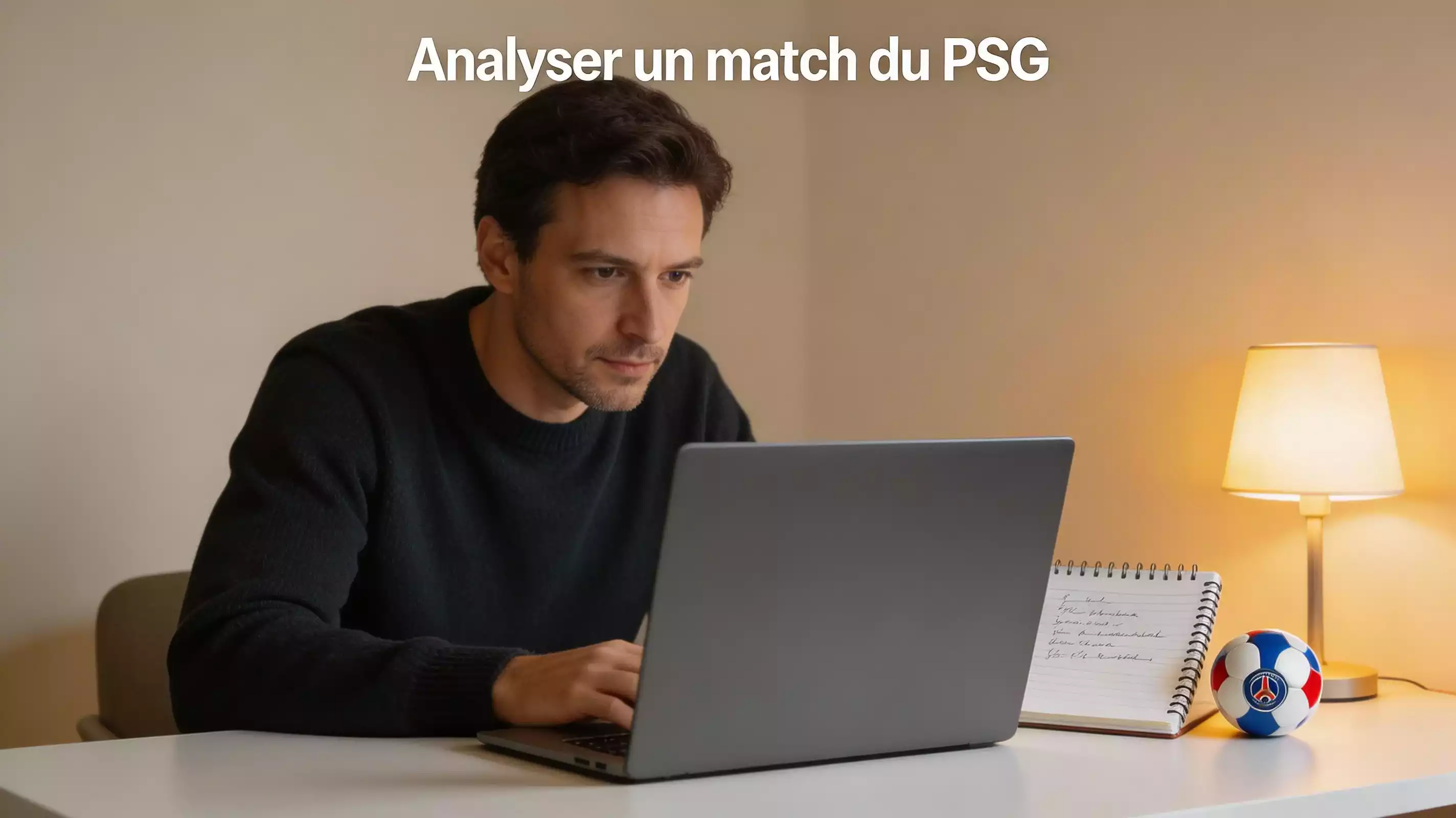 Parieur concentré analysant méthodiquement un match du PSG sur son ordinateur avec des notes