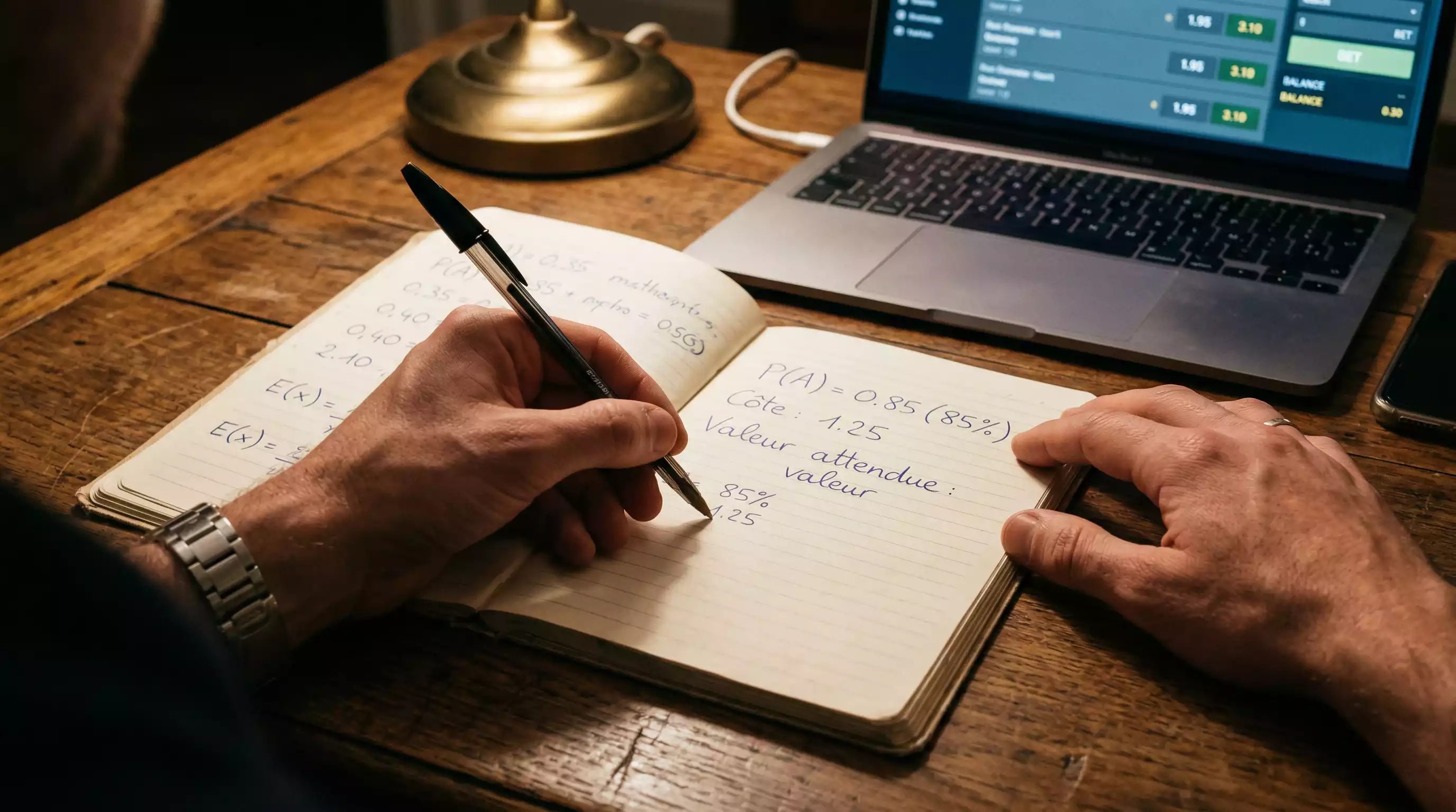 Parieur concentré faisant des calculs de probabilités dans un carnet avec des cotes affichées à l'écran