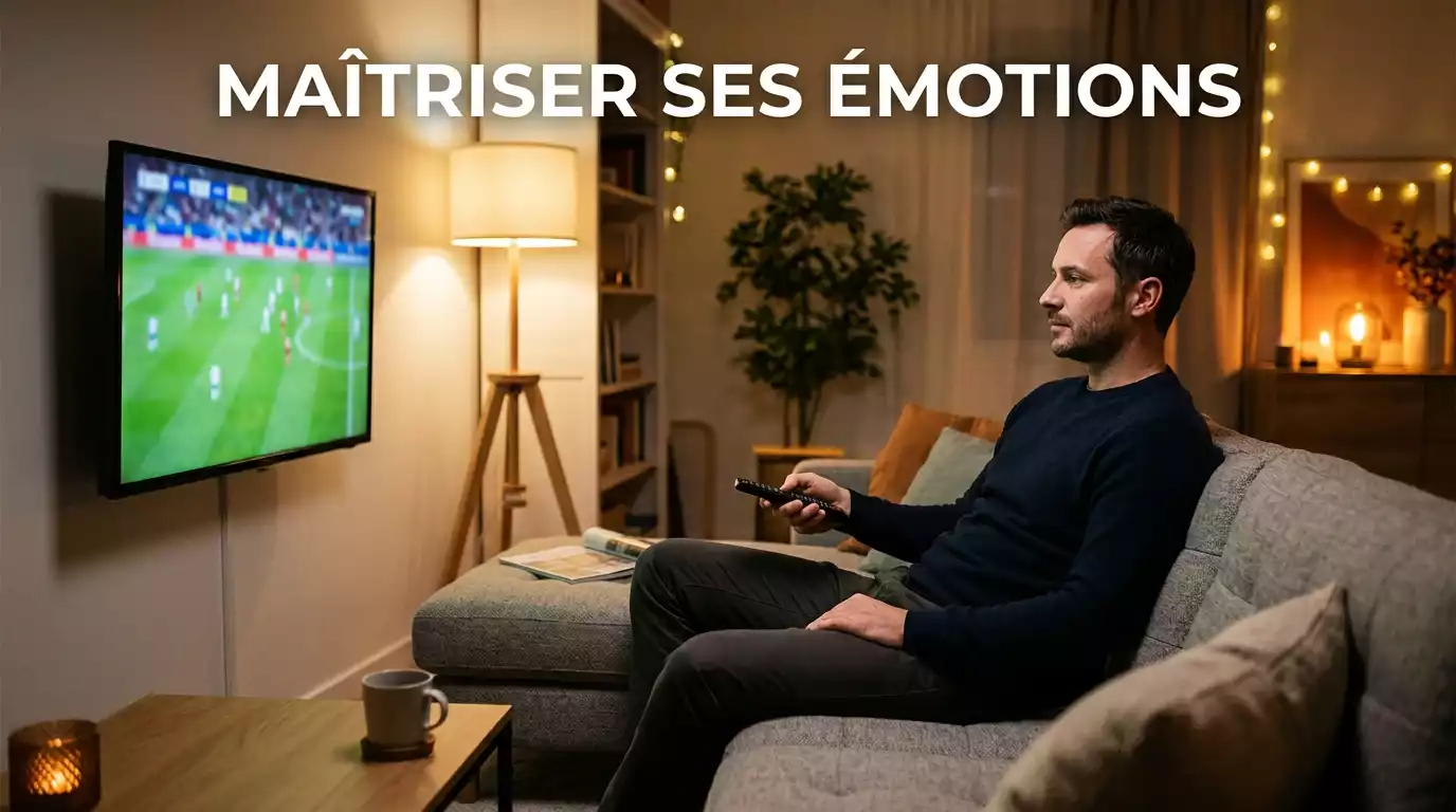 Parieur maintenant son calme et sa discipline devant un match de football intense à la télévision