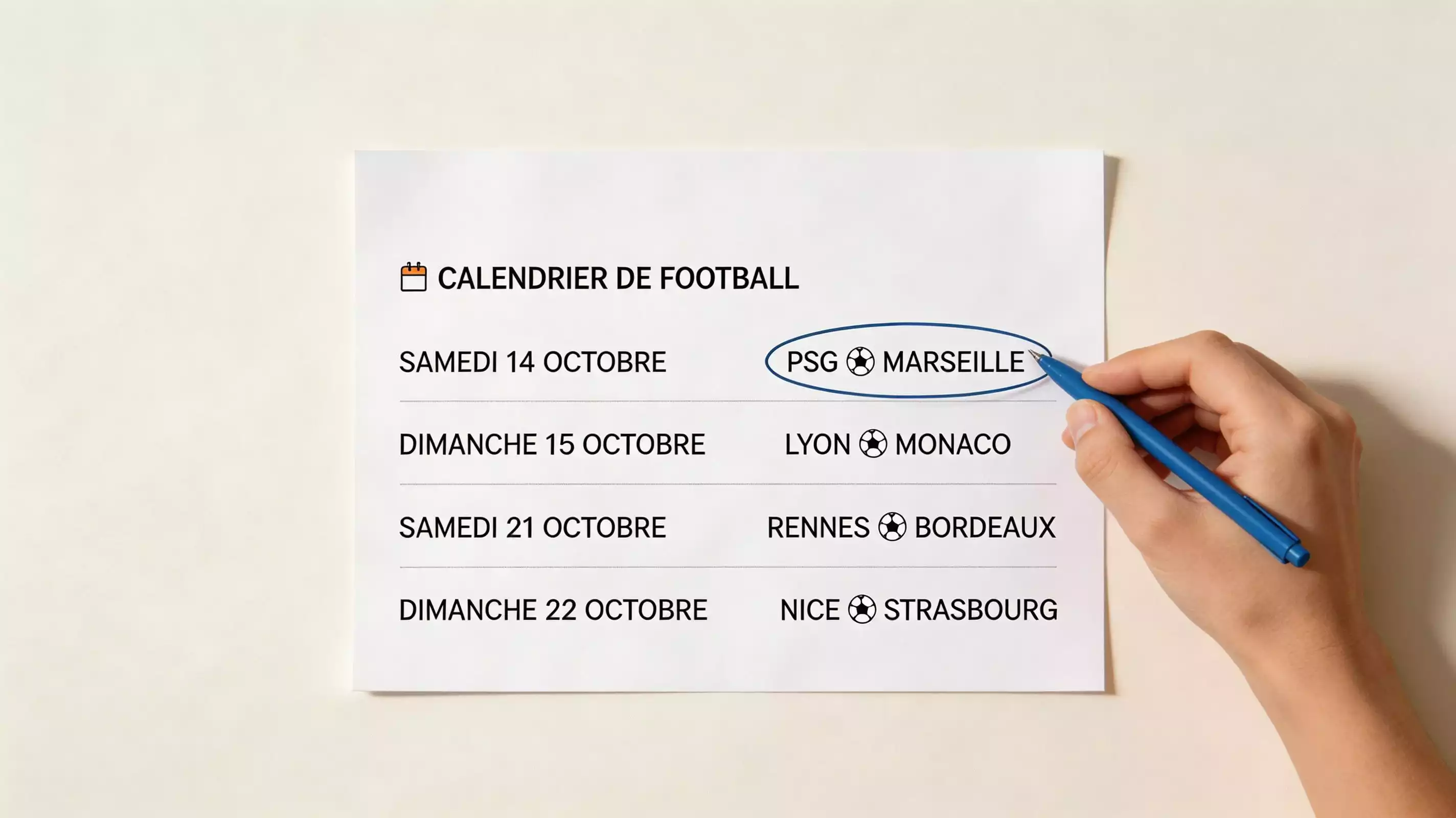Vue d'ensemble d'un planning de matchs de football avec plusieurs rencontres marquées