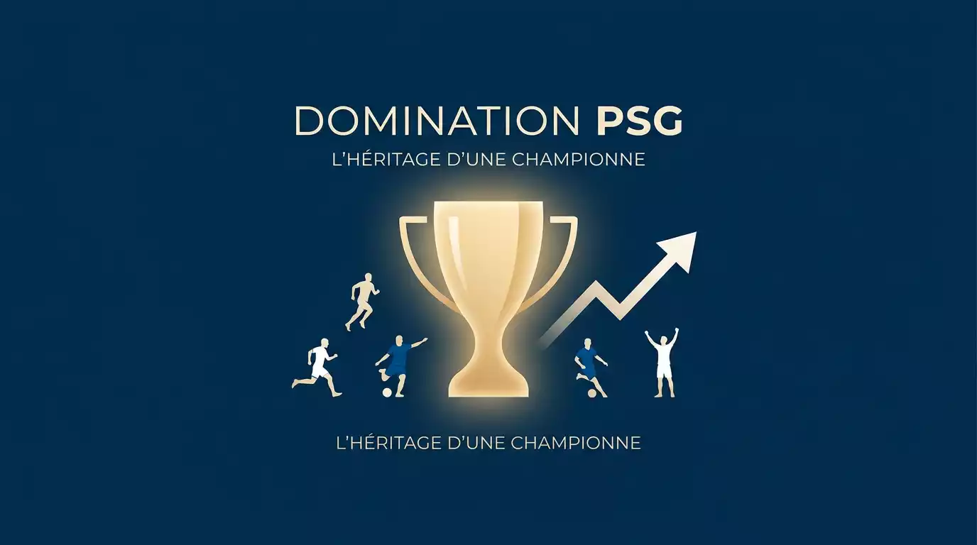 Infographie illustrant la domination du PSG en Ligue 1 avec un trophée et des éléments graphiques de croissance