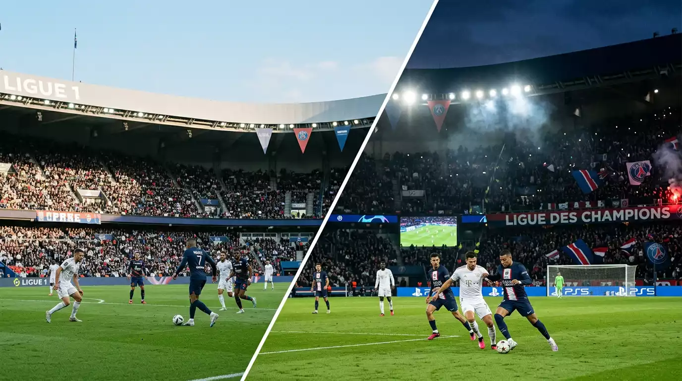 Comparaison visuelle entre l'atmosphère d'un match de Ligue 1 et celle de la Ligue des Champions au Parc des Princes