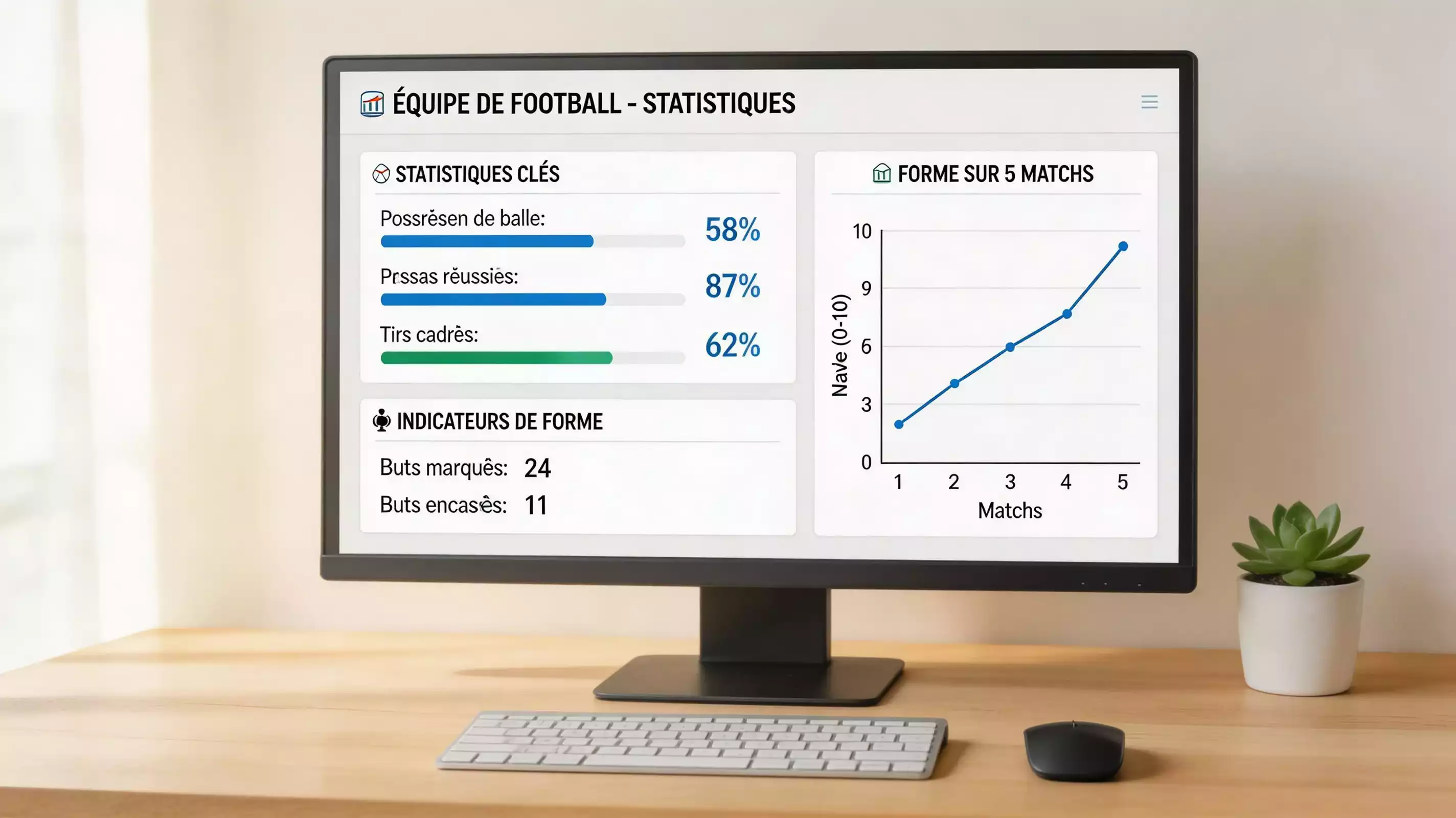 Écran affichant des statistiques avancées de performance d'une équipe de football avec graphiques