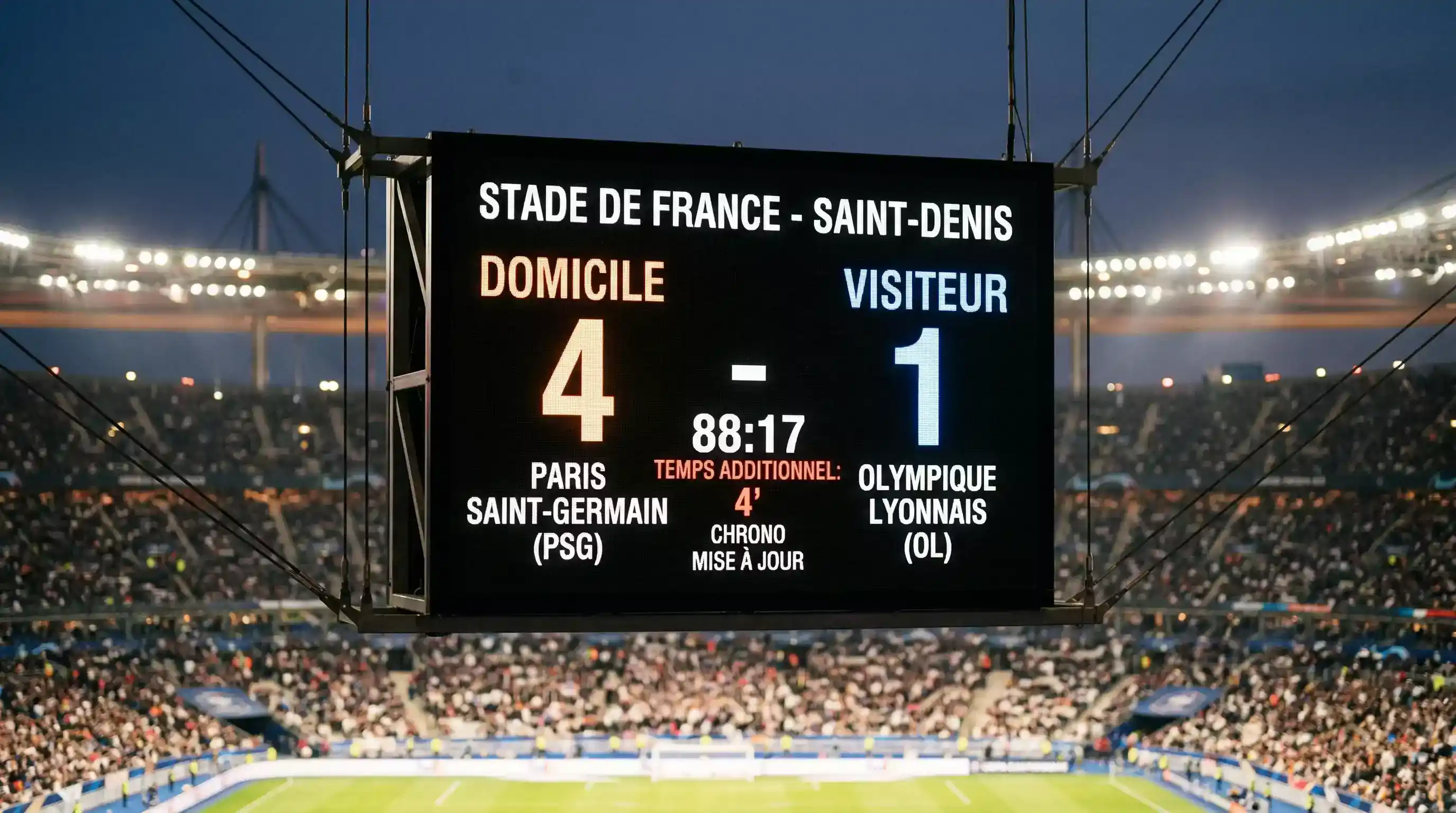 Tableau d'affichage d'un stade montrant un score avec plusieurs buts marqués lors d'un match